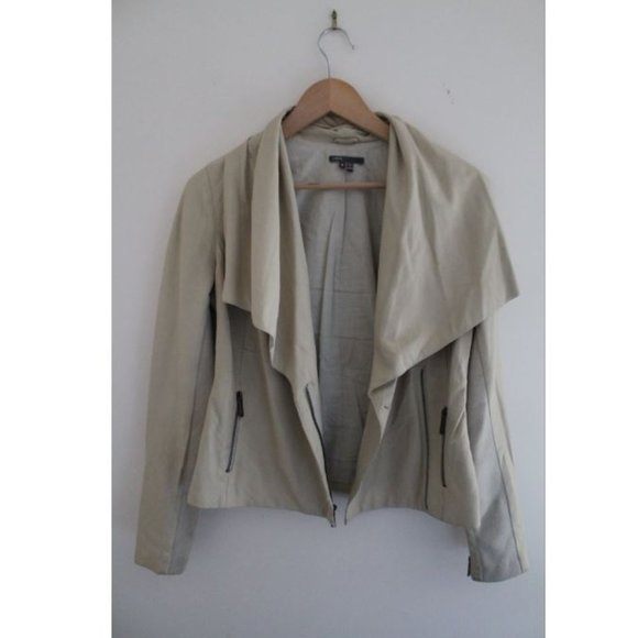 Vince Drape Front Leather Jacket Ivory/ Bone Moto Size Medium Wool Trim - Picture 3 of 14
